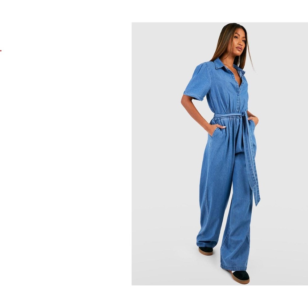 Boohoo Womens Chambray Denim Jumpsuit Button Down Short Sleeve Wide Leg